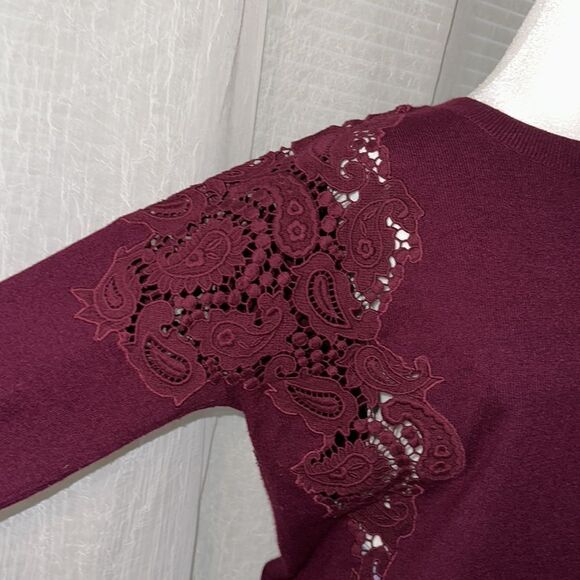 Ted Baker 3 M Tae Burgundy Scoop Neck Merino Wool Shoulder Lace Knit Sweater - Picture 9 of 15